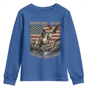 Vintage Cowboy and Soaring Eagle Freedom Ranch 1776 to 2026 Youth Sweatshirt Proud to Ride American Flag 250th Anniversary