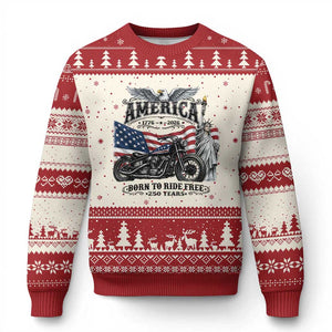 America Born to Ride Free 250 Years Biker Ugly Christmas Sweater American Flag Chopper Motorcycle Statue of Liberty 1776 to 2026 Semiquincentennial
