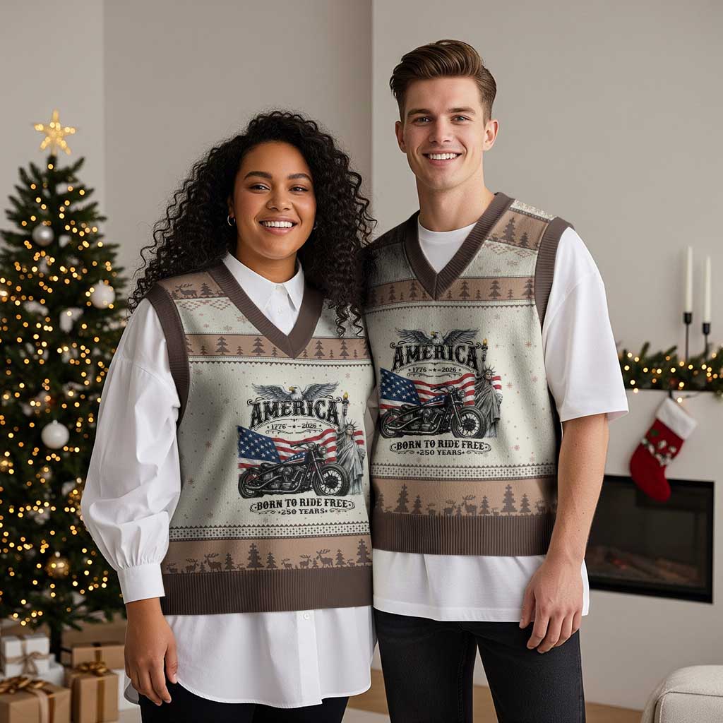 America Born to Ride Free 250 Years Biker V-Neck Knit Sweater Vest American Flag Chopper Motorcycle Statue of Liberty 1776 to 2026 Semiquincentennial