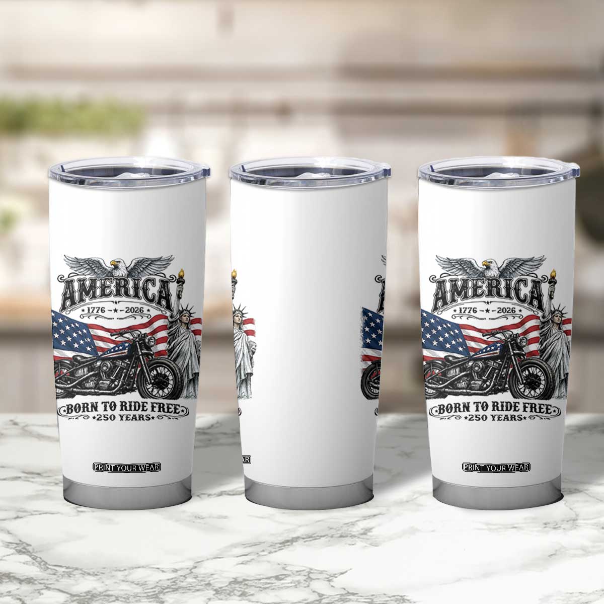 America Born to Ride Free 250 Years Biker Tumbler Cup American Flag Chopper Motorcycle Statue of Liberty 1776 to 2026 Semiquincentennial