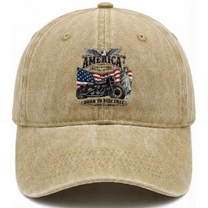 America Born to Ride Free 250 Years Biker Washed Cotton Baseball Cap American Flag Chopper Motorcycle Statue of Liberty 1776 to 2026 Semiquincentennial