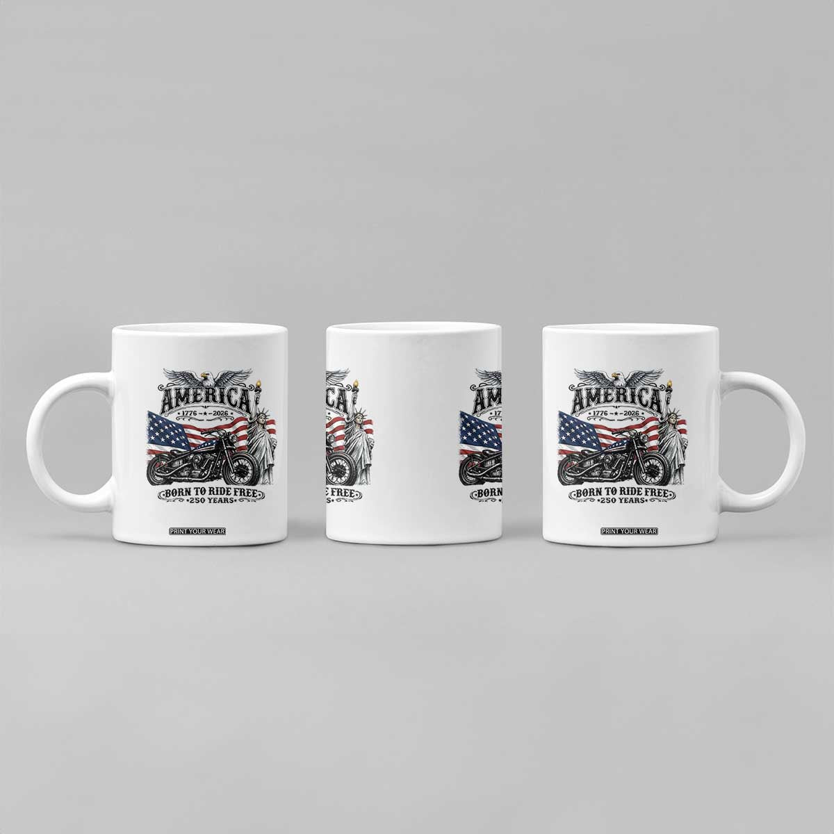 America Born to Ride Free 250 Years Biker Coffee Mug American Flag Chopper Motorcycle Statue of Liberty 1776 to 2026 Semiquincentennial