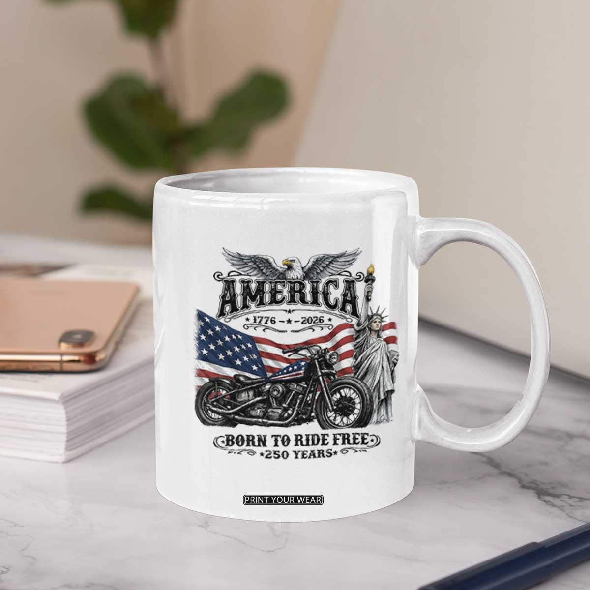 America Born to Ride Free 250 Years Biker Coffee Mug American Flag Chopper Motorcycle Statue of Liberty 1776 to 2026 Semiquincentennial