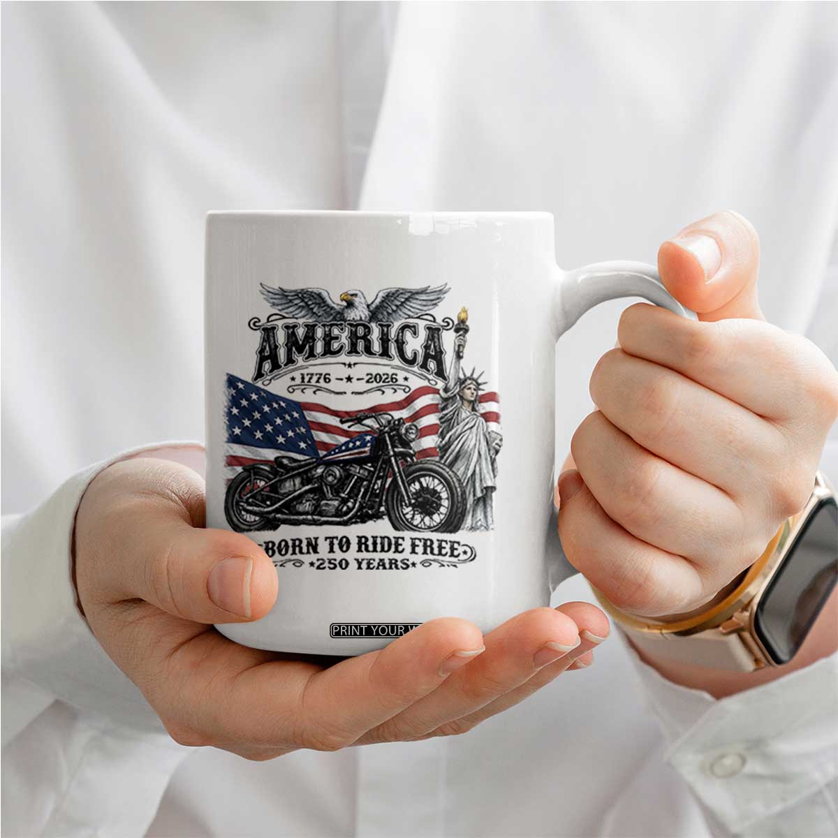 America Born to Ride Free 250 Years Biker Coffee Mug American Flag Chopper Motorcycle Statue of Liberty 1776 to 2026 Semiquincentennial