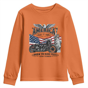 America Born to Ride Free 250 Years Biker Youth Sweatshirt American Flag Chopper Motorcycle Statue of Liberty 1776 to 2026 Semiquincentennial