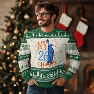 New York 2026 Pride Statue of Liberty Holding Basketball Graphic Ugly Christmas Sweater Retro NY 26 Champs Sports Fans