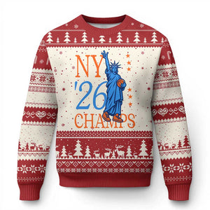 New York 2026 Pride Statue of Liberty Holding Basketball Graphic Ugly Christmas Sweater Retro NY 26 Champs Sports Fans