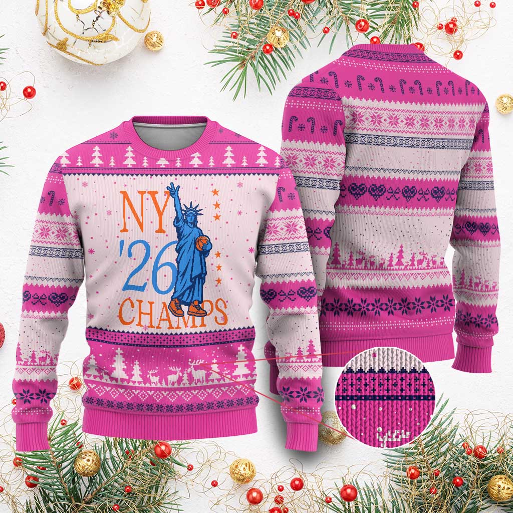 New York 2026 Pride Statue of Liberty Holding Basketball Graphic Ugly Christmas Sweater Retro NY 26 Champs Sports Fans