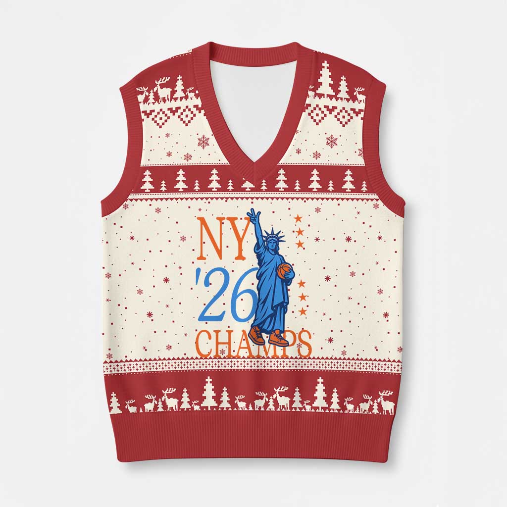 New York 2026 Pride Statue of Liberty Holding Basketball Graphic V-Neck Knit Sweater Vest Retro NY 26 Champs Sports Fans