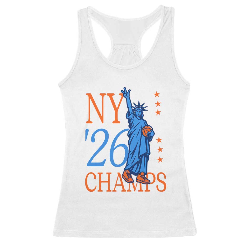 New York 2026 Pride Statue of Liberty Holding Basketball Graphic Racerback Tank Top Retro NY 26 Champs Sports Fans