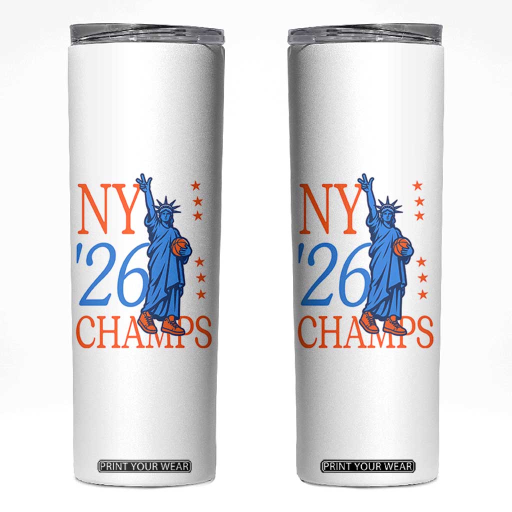 New York 2026 Pride Statue of Liberty Holding Basketball Graphic Skinny Tumbler Retro NY 26 Champs Sports Fans