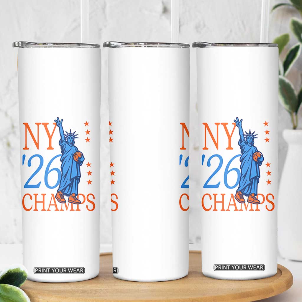 New York 2026 Pride Statue of Liberty Holding Basketball Graphic Skinny Tumbler Retro NY 26 Champs Sports Fans