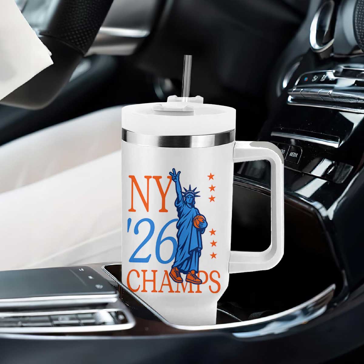 New York 2026 Pride Statue of Liberty Holding Basketball Graphic Tumbler With Handle Retro NY 26 Champs Sports Fans