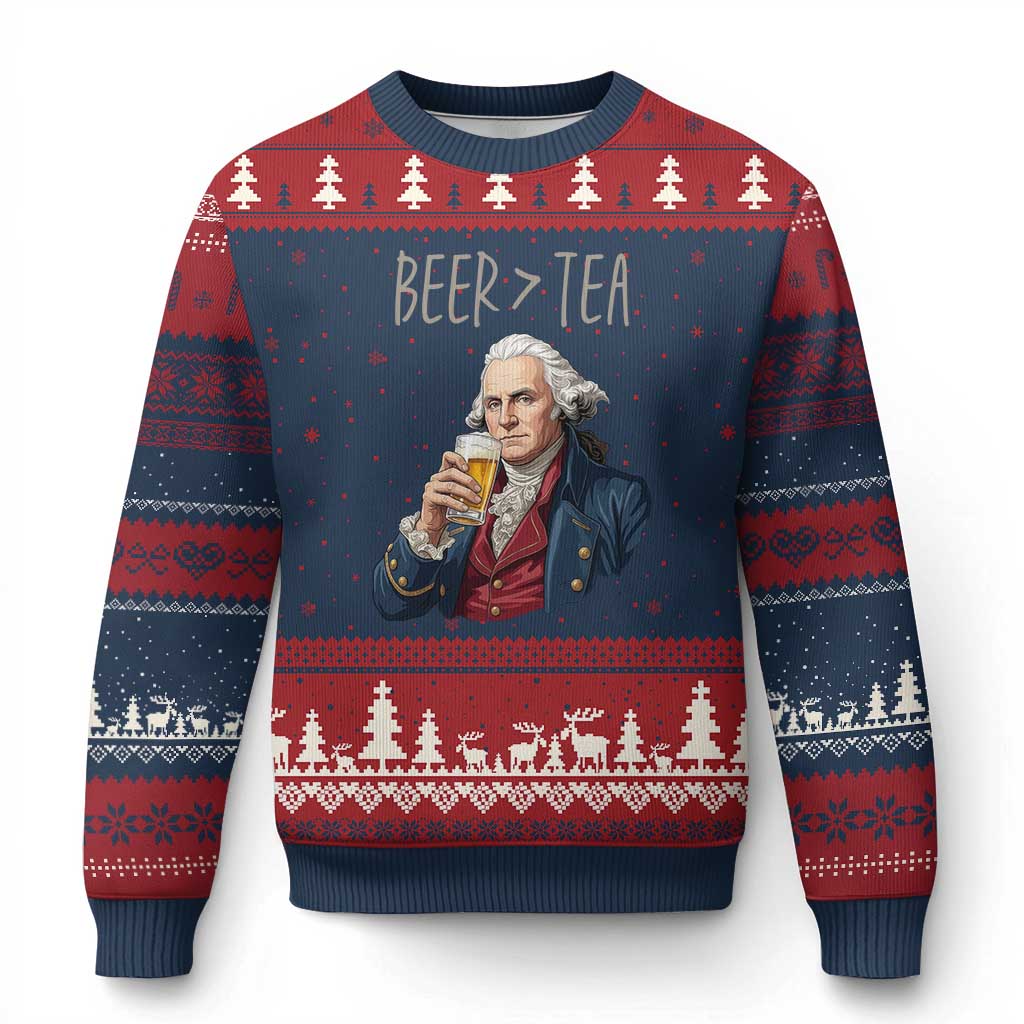 Beer Greater Than Tea Funny Founding Fathers Ugly Christmas Sweater American History Drinking Boston Tea Party Sarcasm