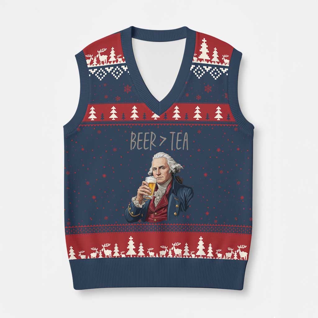 Beer Greater Than Tea Funny Founding Fathers V-Neck Knit Sweater Vest American History Drinking Boston Tea Party Sarcasm TS02 Navy Red Print Your Wear