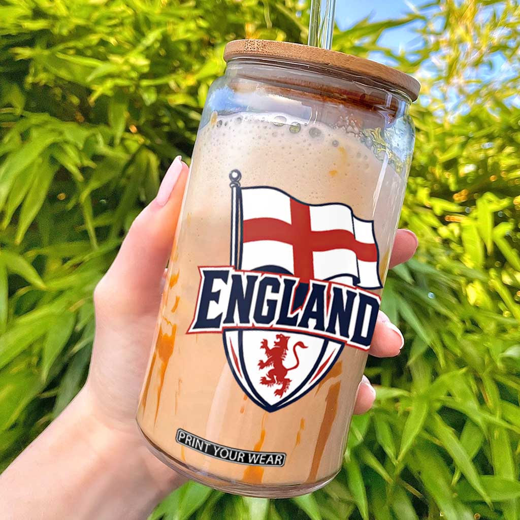 England Patriotic Crest St George Cross Flag Graphic Glass Can English Lion Crest Heritage Pride Souvenir TS02 White Print Your Wear