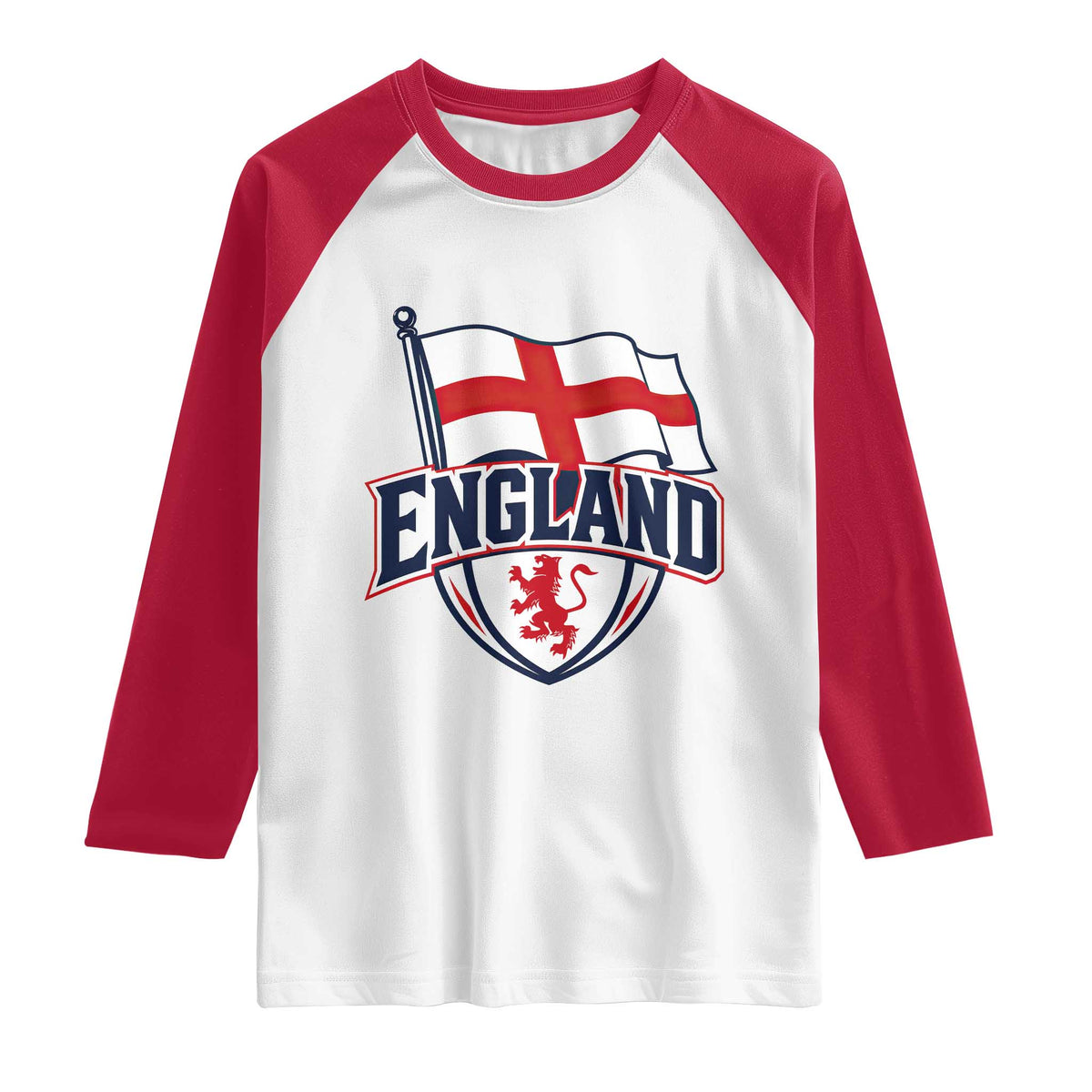 England Patriotic Crest St George Cross Flag Graphic Raglan Shirt English Lion Crest Heritage Pride Souvenir TS02 White Red Print Your Wear