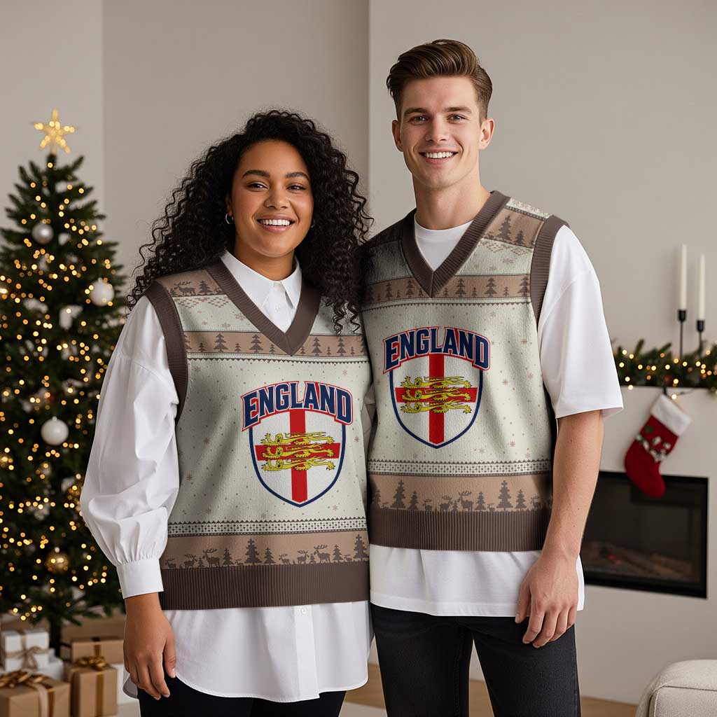 England Flag Lion Crest St George Cross Shield Crest V-Neck Knit Sweater Vest Vintage Patriotic English Sport Fan Graphic TS02 Mocha Mousse Print Your Wear
