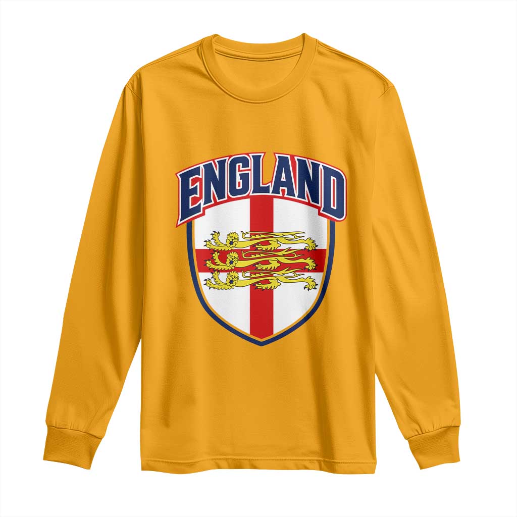 England Flag Lion Crest St George Cross Shield Crest Long Sleeve Shirt Vintage Patriotic English Sport Fan Graphic TS02 Gold Print Your Wear