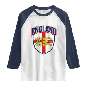 England Flag Lion Crest St George Cross Shield Crest Raglan Shirt Vintage Patriotic English Sport Fan Graphic TS02 White Navy Print Your Wear