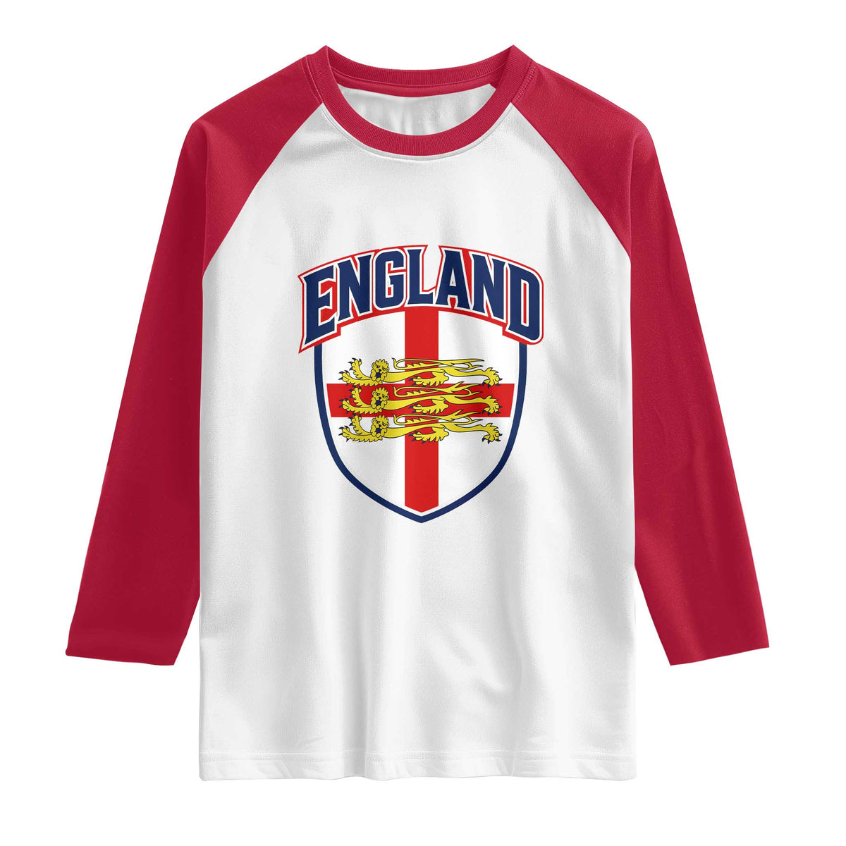 England Flag Lion Crest St George Cross Shield Crest Raglan Shirt Vintage Patriotic English Sport Fan Graphic TS02 White Red Print Your Wear