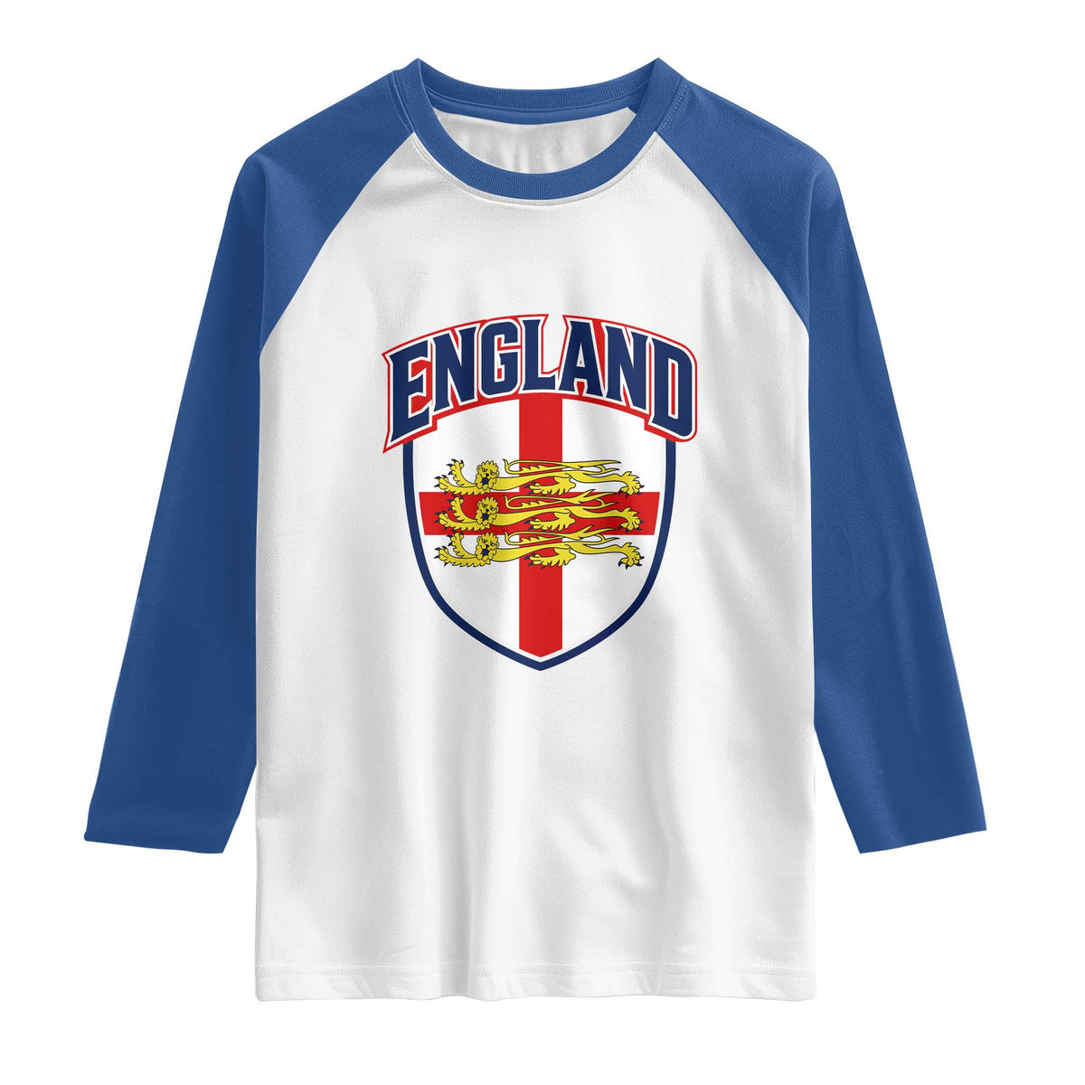 England Flag Lion Crest St George Cross Shield Crest Raglan Shirt Vintage Patriotic English Sport Fan Graphic TS02 White Royal Print Your Wear