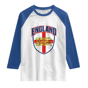 England Flag Lion Crest St George Cross Shield Crest Raglan Shirt Vintage Patriotic English Sport Fan Graphic TS02 White Royal Print Your Wear