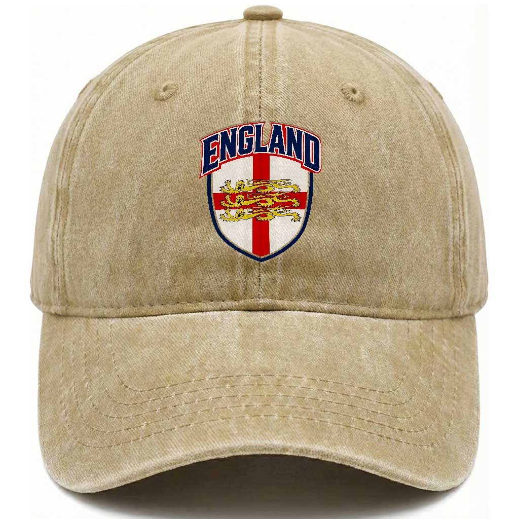 England Flag Lion Crest St George Cross Shield Crest Washed Cotton Baseball Cap Vintage Patriotic English Sport Fan Graphic TS02 Print Your Wear