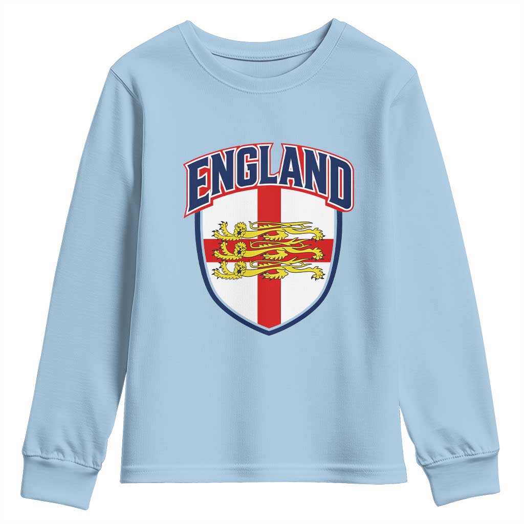 England Flag Lion Crest St George Cross Shield Crest Youth Sweatshirt Vintage Patriotic English Sport Fan Graphic TS02 Light Blue Print Your Wear