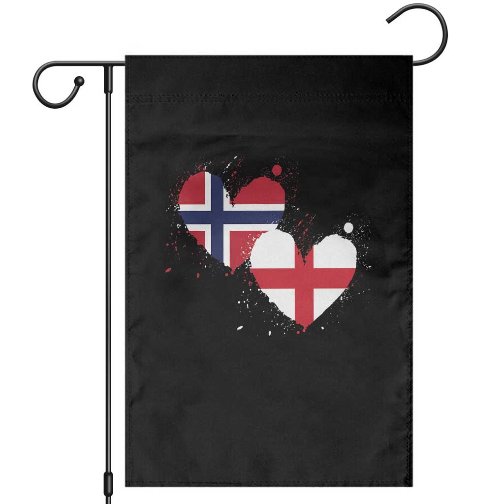 Distressed Norway and England Crossed Flags Dual Heart Graphic Garden Flag Love Half Norwegian Half English Pride TS02 Black Print Your Wear