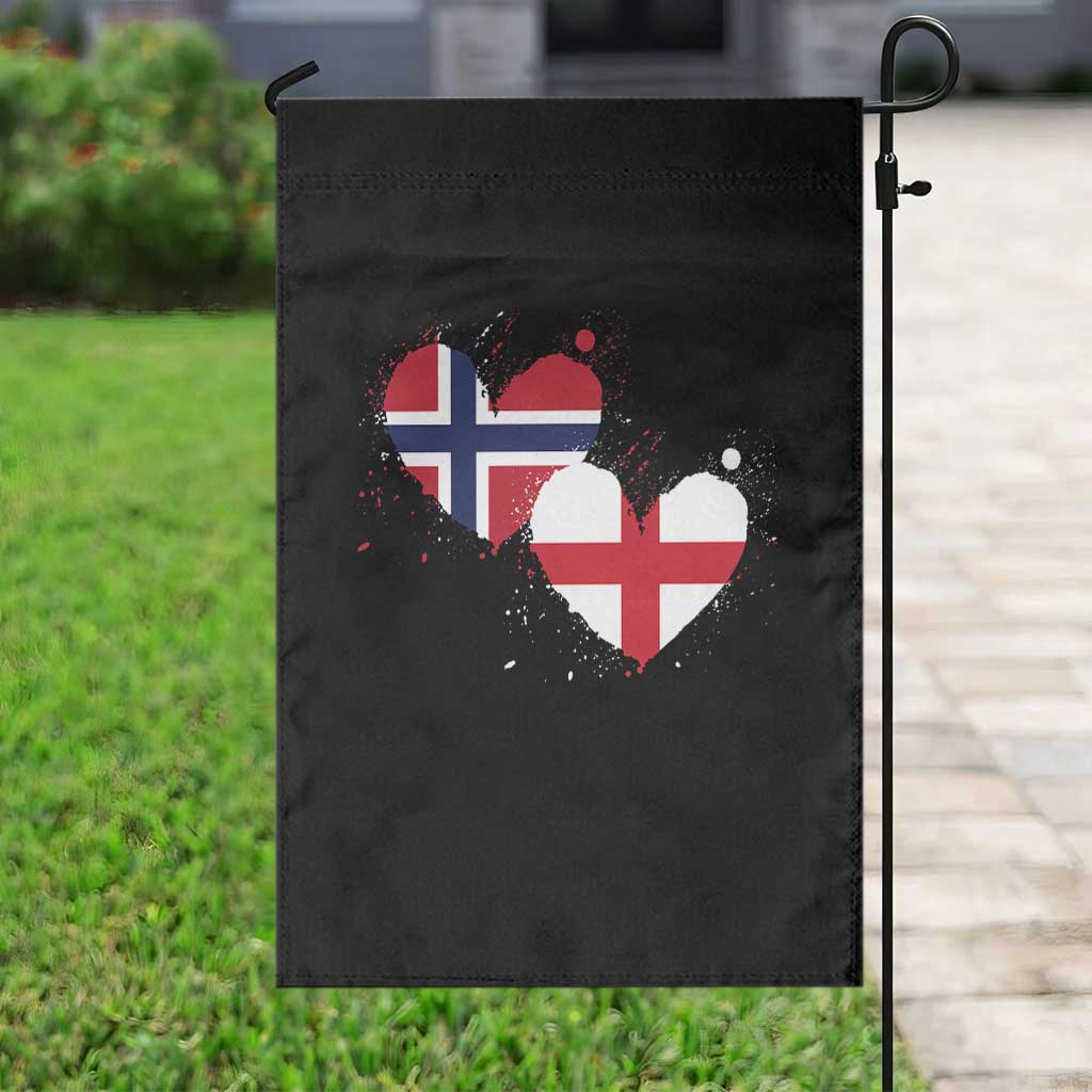 Distressed Norway and England Crossed Flags Dual Heart Graphic Garden Flag Love Half Norwegian Half English Pride TS02 Print Your Wear