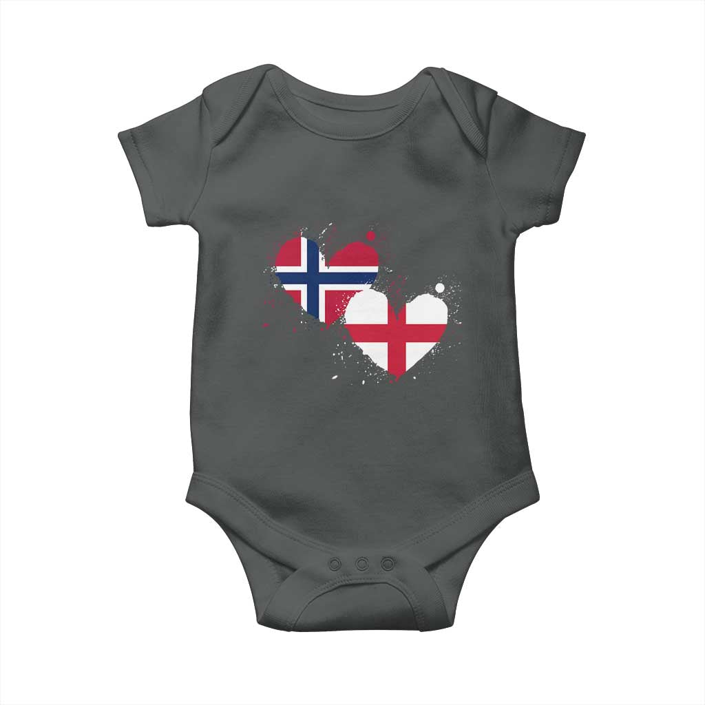 Distressed Norway and England Crossed Flags Dual Heart Graphic Baby Onesie Love Half Norwegian Half English Pride TS02 Dark Heather Print Your Wear