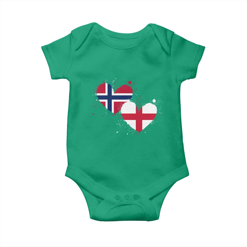 Distressed Norway and England Crossed Flags Dual Heart Graphic Baby Onesie Love Half Norwegian Half English Pride TS02 Irish Green Print Your Wear