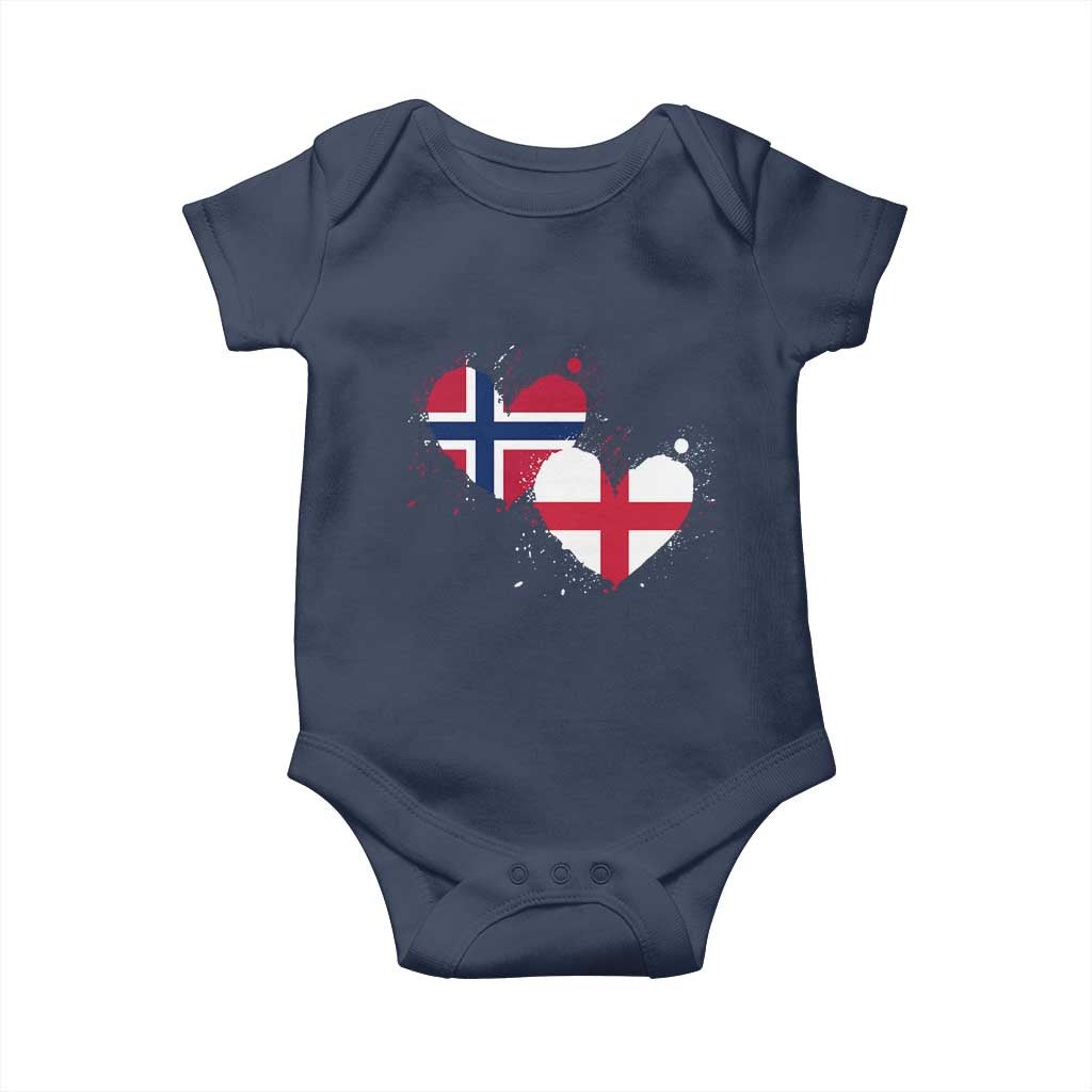 Distressed Norway and England Crossed Flags Dual Heart Graphic Baby Onesie Love Half Norwegian Half English Pride TS02 Navy Print Your Wear