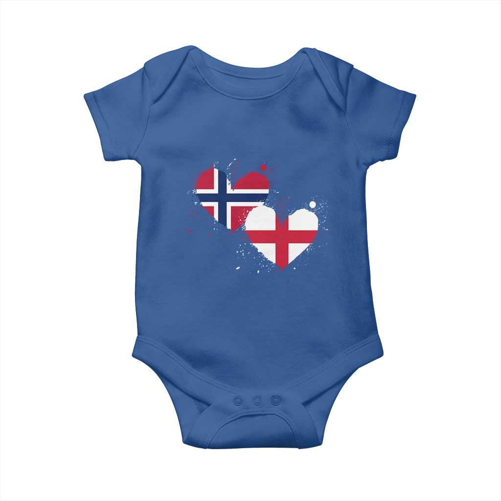 Distressed Norway and England Crossed Flags Dual Heart Graphic Baby Onesie Love Half Norwegian Half English Pride TS02 Royal Blue Print Your Wear