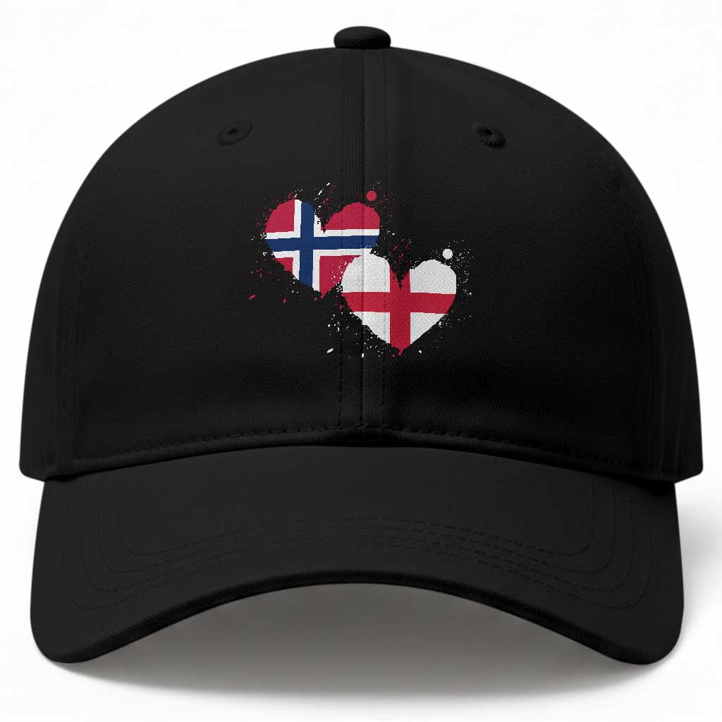 Distressed Norway and England Crossed Flags Dual Heart Graphic Baseball Cap Love Half Norwegian Half English Pride TS02 Print Your Wear