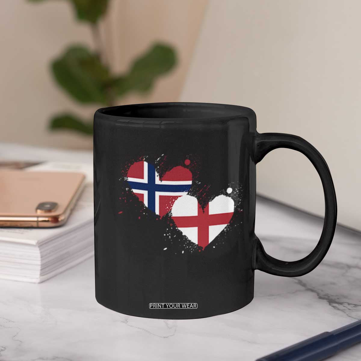 Distressed Norway and England Crossed Flags Dual Heart Graphic Coffee Mug Love Half Norwegian Half English Pride TS02 Print Your Wear