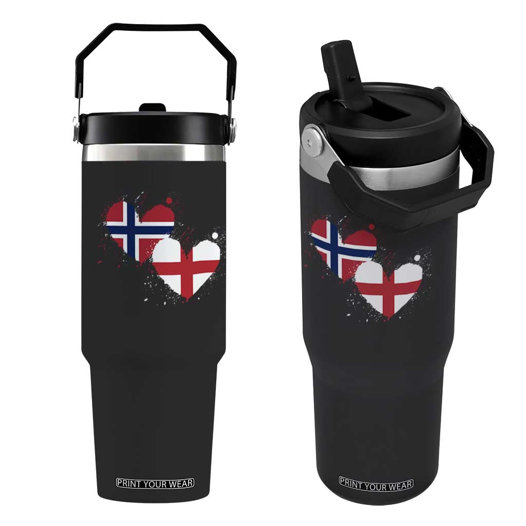 Distressed Norway and England Crossed Flags Dual Heart Graphic Flip Straw Tumbler Love Half Norwegian Half English Pride TS02 One Size: 30 oz Black Print Your Wear