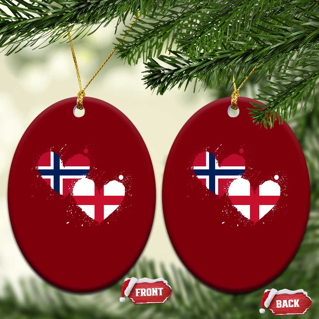 Distressed Norway and England Crossed Flags Dual Heart Graphic Ceramic Ornament Love Half Norwegian Half English Pride TS02 Print Your Wear