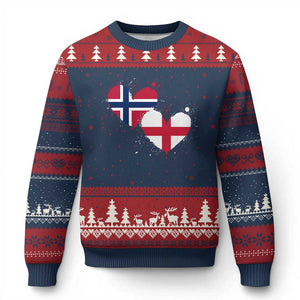 Distressed Norway and England Crossed Flags Dual Heart Graphic Ugly Christmas Sweater Love Half Norwegian Half English Pride TS02 Navy Red Print Your Wear