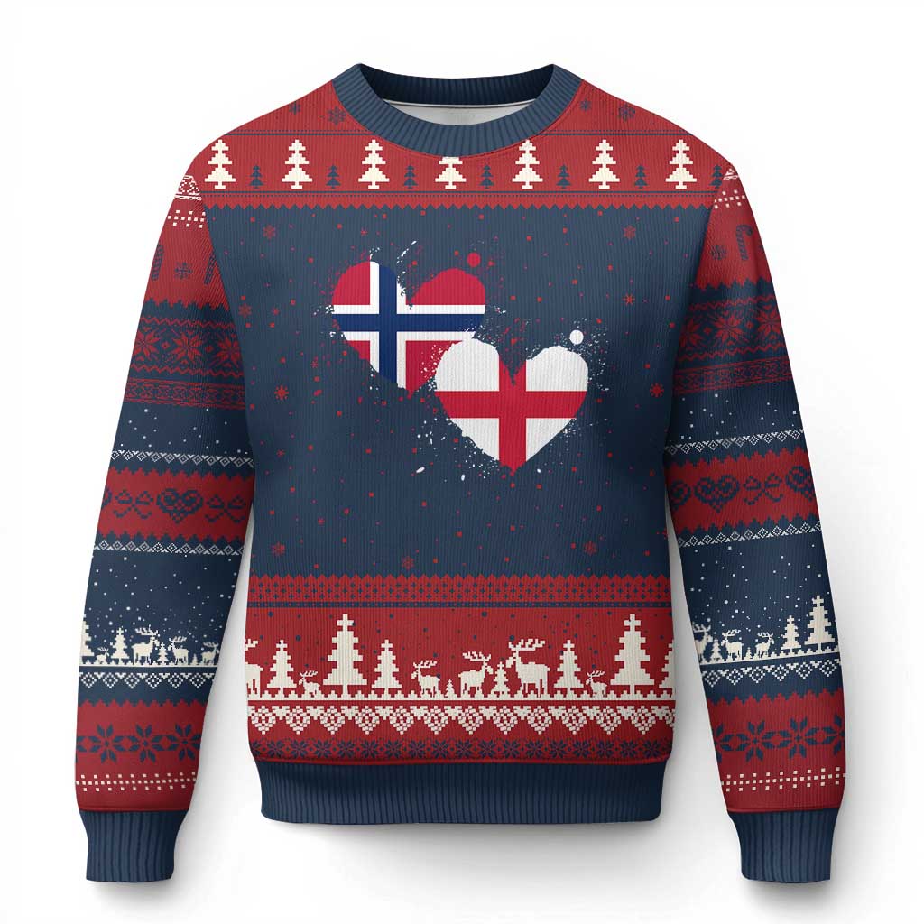 Distressed Norway and England Crossed Flags Dual Heart Graphic Ugly Christmas Sweater Love Half Norwegian Half English Pride TS02 Navy Red Print Your Wear