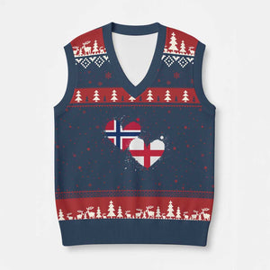 Distressed Norway and England Crossed Flags Dual Heart Graphic V-Neck Knit Sweater Vest Love Half Norwegian Half English Pride TS02 Navy Red Print Your Wear