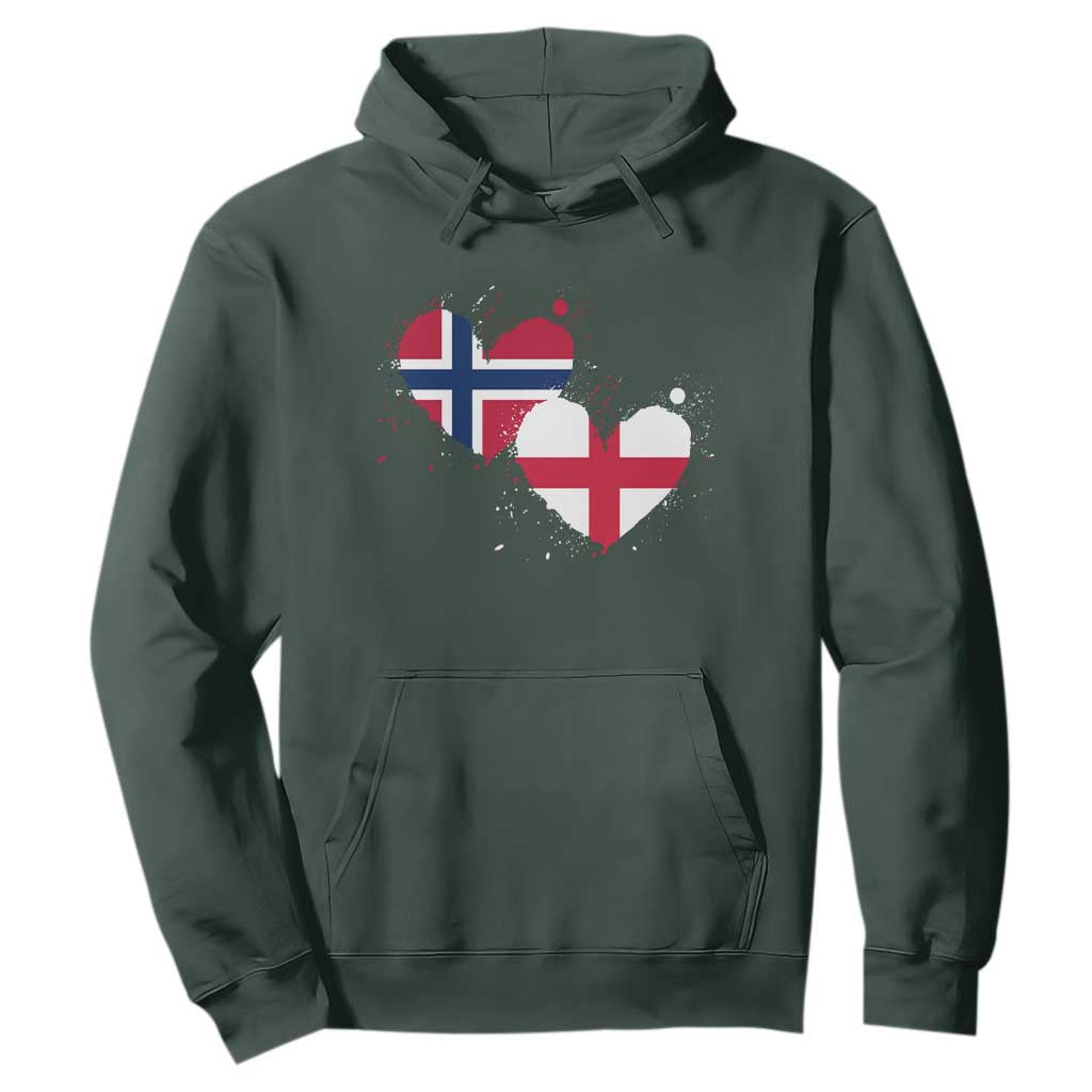 Distressed Norway and England Crossed Flags Dual Heart Graphic Hoodie Love Half Norwegian Half English Pride TS02 Dark Forest Green Print Your Wear