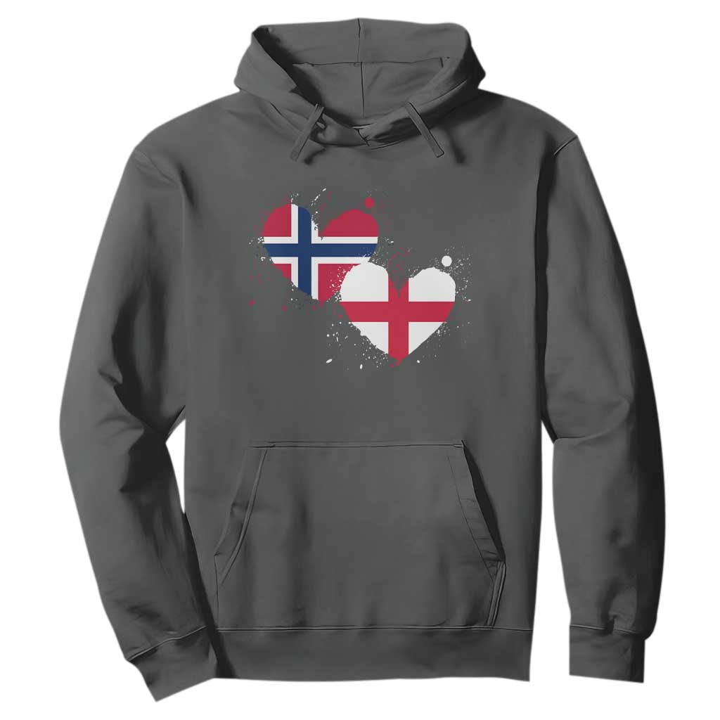 Distressed Norway and England Crossed Flags Dual Heart Graphic Hoodie Love Half Norwegian Half English Pride TS02 Dark Heather Print Your Wear