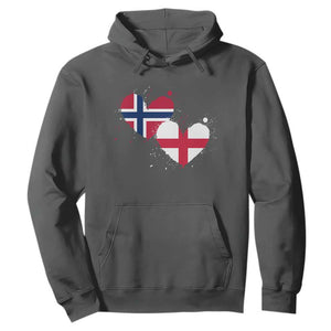 Distressed Norway and England Crossed Flags Dual Heart Graphic Hoodie Love Half Norwegian Half English Pride TS02 Dark Heather Print Your Wear