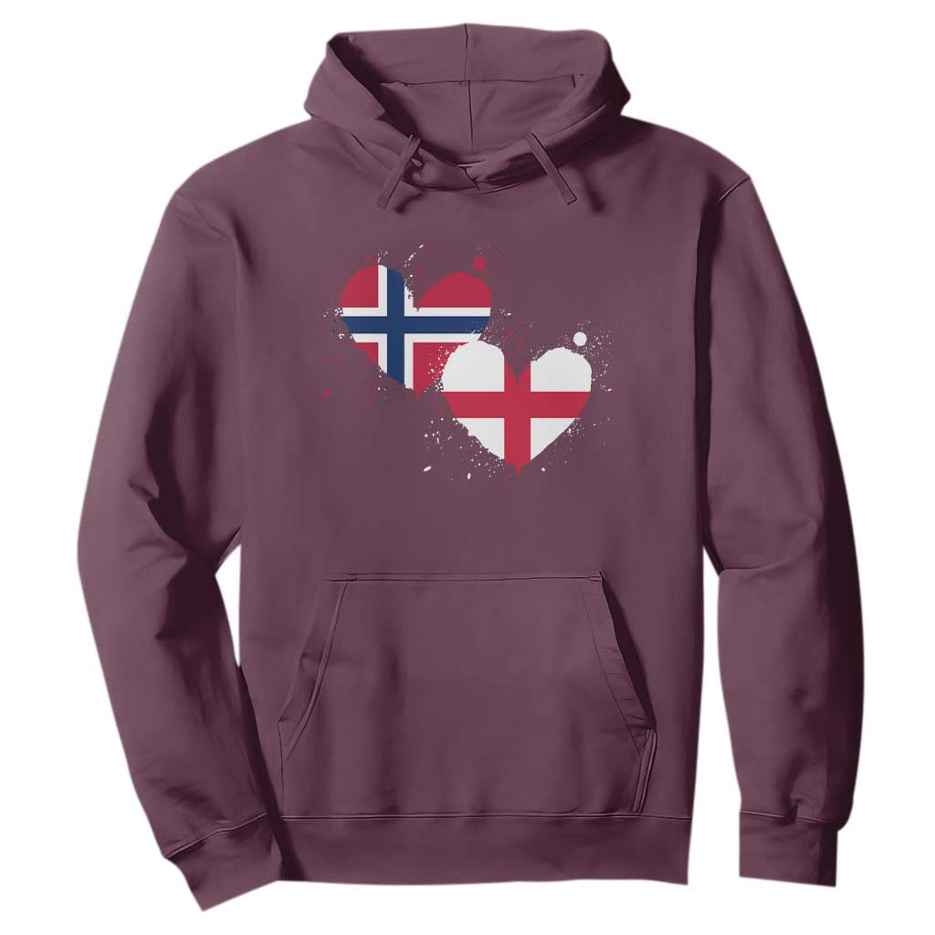 Distressed Norway and England Crossed Flags Dual Heart Graphic Hoodie Love Half Norwegian Half English Pride TS02 Maroon Print Your Wear