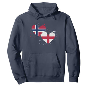 Distressed Norway and England Crossed Flags Dual Heart Graphic Hoodie Love Half Norwegian Half English Pride TS02 Navy Print Your Wear