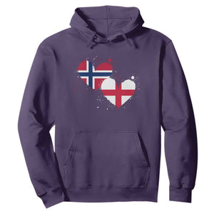 Distressed Norway and England Crossed Flags Dual Heart Graphic Hoodie Love Half Norwegian Half English Pride TS02 Purple Print Your Wear