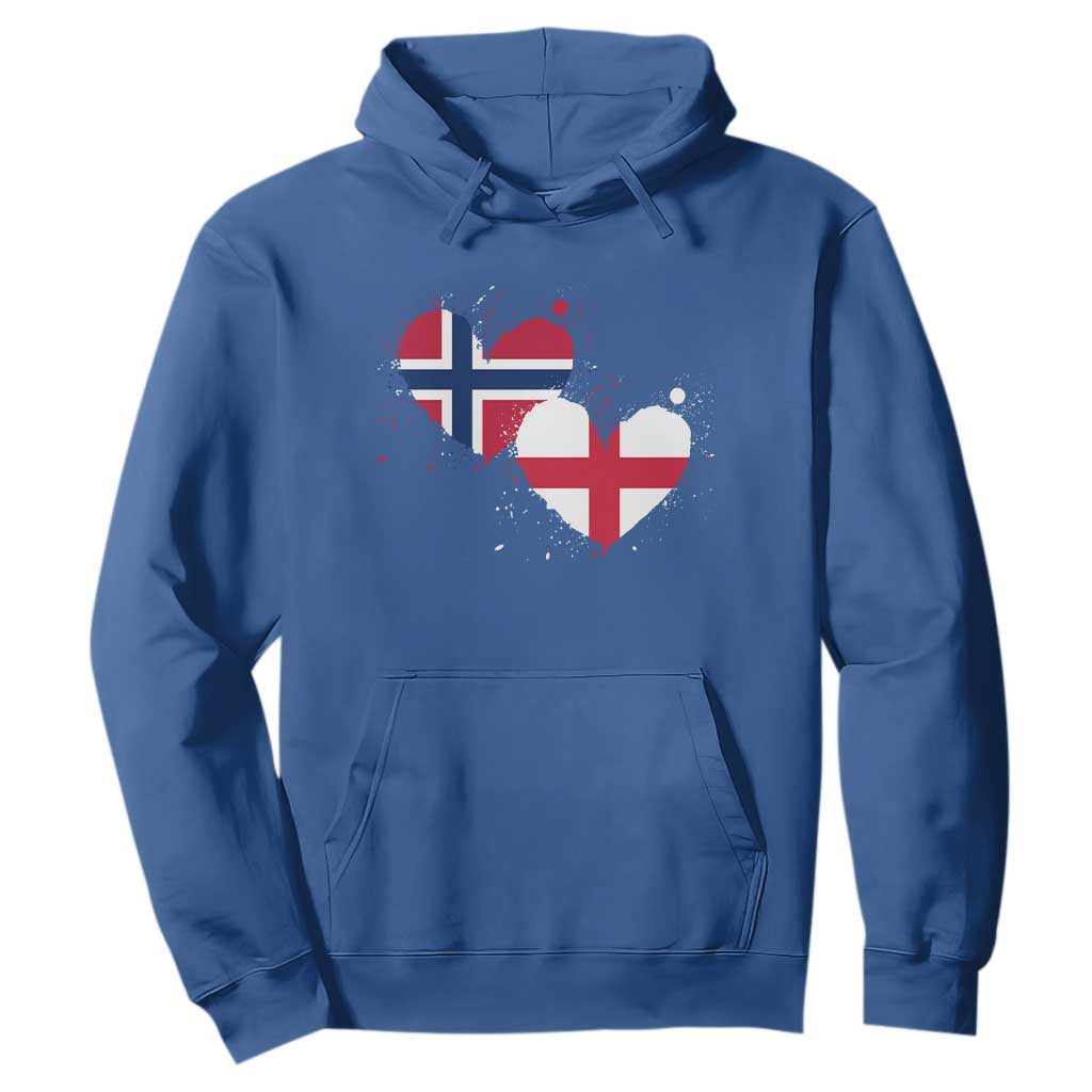 Distressed Norway and England Crossed Flags Dual Heart Graphic Hoodie Love Half Norwegian Half English Pride TS02 Royal Blue Print Your Wear