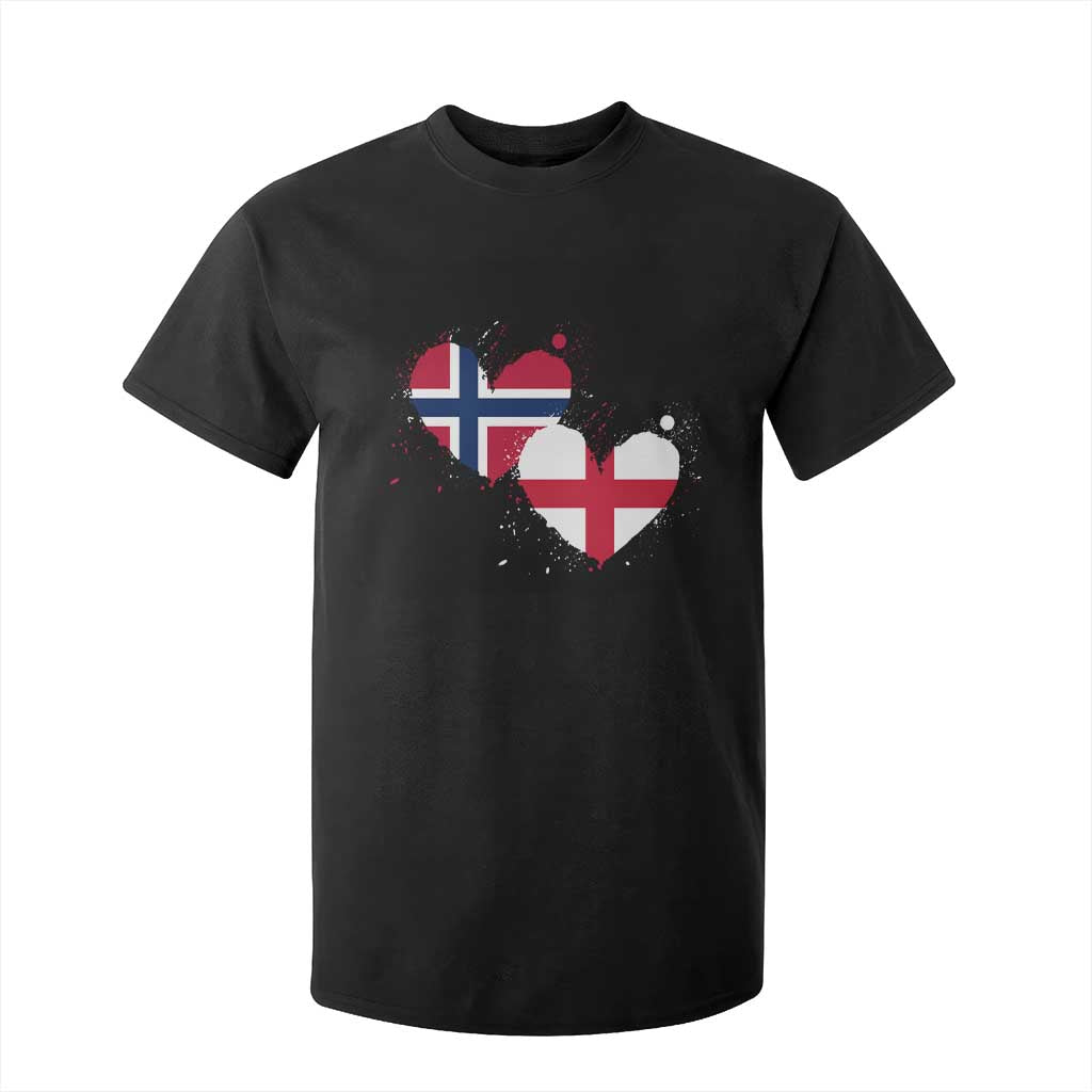 Distressed Norway and England Crossed Flags Dual Heart Graphic T Shirt For Kid Love Half Norwegian Half English Pride TS02 Black Print Your Wear
